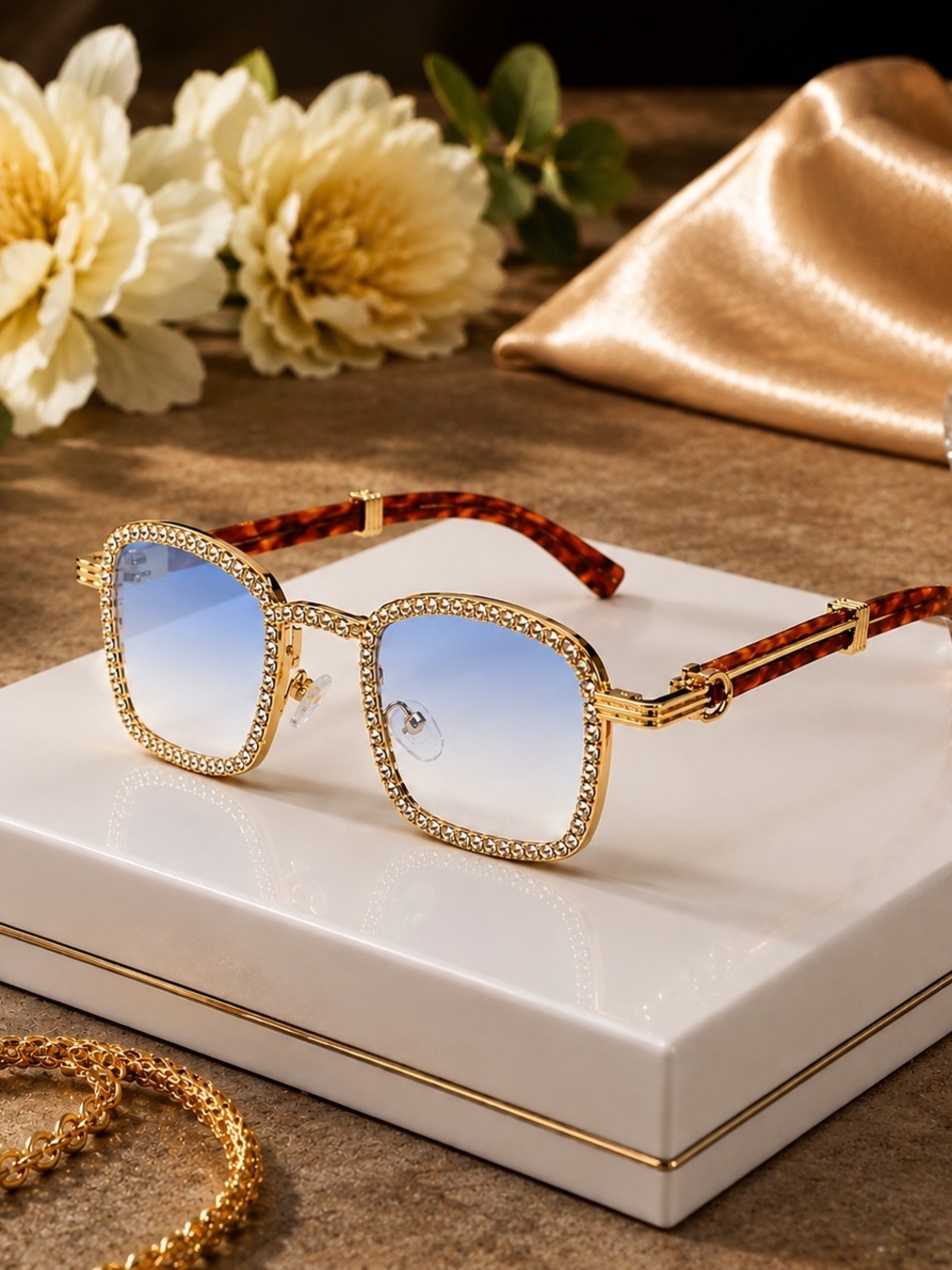 Gold Tone Rhinestone Square Sunglasses Blue Gradient Lens Tortoise Arms